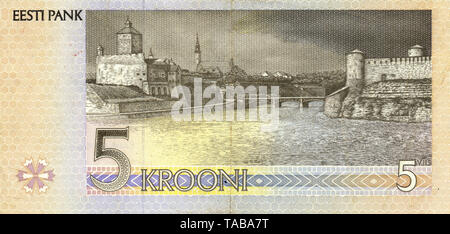 Banknote aus Estland, 5 Kronen, Iwangorod Hermannsfeste und die Festungen, getrennt durch den Fluss Narva en Iwangorod (Russie), 1994, l'Estonie, de billets 5 kroon, Hermann et château forteresse Ivangorod séparées par la Narva à Ivangorod, Russie, 1994 Banque D'Images