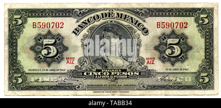 Historische Billet, Mexique, 5 peso, 1963 Banque D'Images