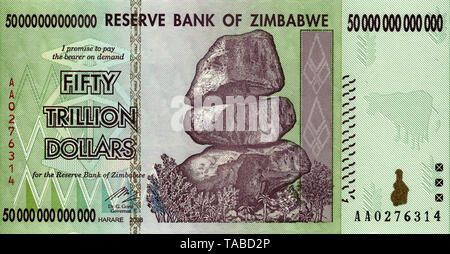 Billet, 50 Billionen Simbabwe-Dollar Inflationsgeld, 2008, Harare, Simbabwe, Afrika, billet de banque, 50 000 milliards de dollars zimbabwéens, 2008, l'inflation de l'argent, Harare, Zimbabwe, Afrique du Sud Banque D'Images