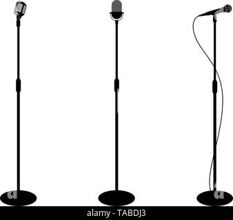 Trois microphones sur le comptoir. Arrière-plan blanc. Silhouette micro. L'icône de la musique, micro. Modèle plat, vector illustration Illustration de Vecteur