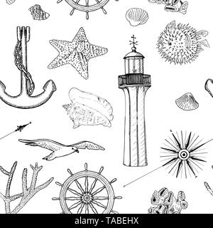 Seamless vector pattern set Naval silhouette nautique des symboles. Les goélands, Helm, anchor, Light House, Coral, shell, rose des vents, swellfish starfis, étoile de mer, Illustration de Vecteur