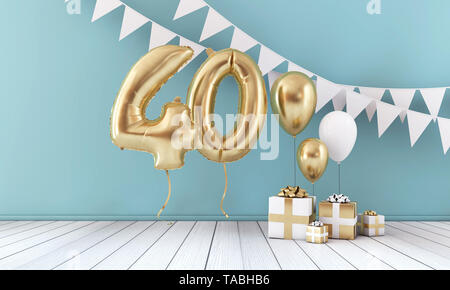 Heureux 40e anniversaire célébration balloon, banderoles et boîte-cadeau. 3D Render Banque D'Images