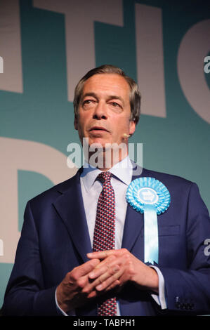 Nigel Farage sur la partie Brexit rassemblement à Londres Olympia le 21 mai 2019 avant les élections au Parlement européen vote sur le 23 mai Banque D'Images