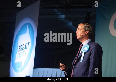 Nigel Farage sur la partie Brexit rassemblement à Londres Olympia le 21 mai 2019 avant les élections au Parlement européen vote sur le 23 mai Banque D'Images