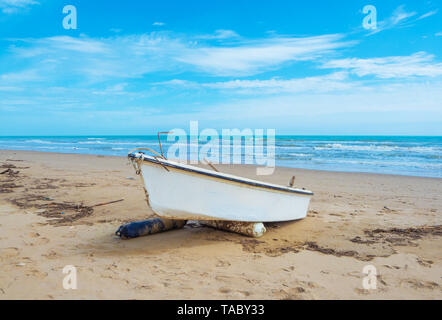 (Italie) - La plage de sable de touristique Abruzzes avec la grande forêt de pins et la célèbre tour château appelé Torre di Cerrano Banque D'Images