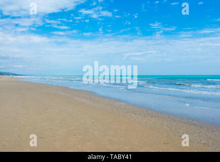 (Italie) - La plage de sable de touristique Abruzzes avec la grande forêt de pins et la célèbre tour château appelé Torre di Cerrano Banque D'Images