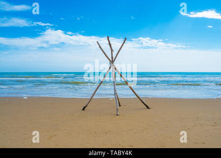 (Italie) - La plage de sable de touristique Abruzzes avec la grande forêt de pins et la célèbre tour château appelé Torre di Cerrano Banque D'Images