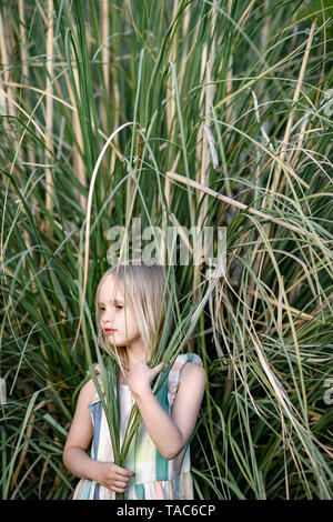 Portrait de petite fille blonde en face de l'herbe de la Pampa Banque D'Images