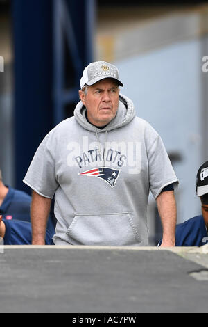 Foxborough, Massachusetts, USA. 23 mai, 2019. New England Patriots Head coach Bill Belichick prend part à l'OTA les New England Patriots s'est tenue au Stade Gillette, à Foxborough, Massachusetts. Eric Canha/CSM/Alamy Live News Banque D'Images