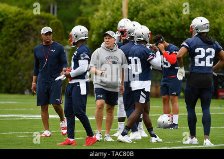 Foxborough, Massachusetts, USA. 23 mai, 2019. New England Patriots Head coach Bill Belichick fonctionne avec la défense nationale à l'OTA les New England Patriots s'est tenue au Stade Gillette, à Foxborough, Massachusetts. Eric Canha/CSM/Alamy Live News Banque D'Images