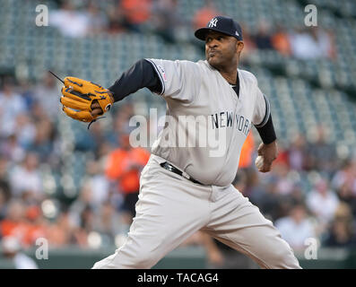 Baltimore, États-Unis d'Amérique. 22 mai, 2019. Le lanceur partant des Yankees de New York CC Sabathia (52) travaille dans la première manche contre les Orioles de Baltimore à l'Oriole Park at Camden Yards de Baltimore, MD, le mercredi 22 mai, 2019. Credit : Ron Sachs/CNP (restriction : NO New York ou le New Jersey Journaux ou journaux dans un rayon de 75 km de la ville de New York) | Conditions de crédit dans le monde entier : dpa/Alamy Live News Banque D'Images