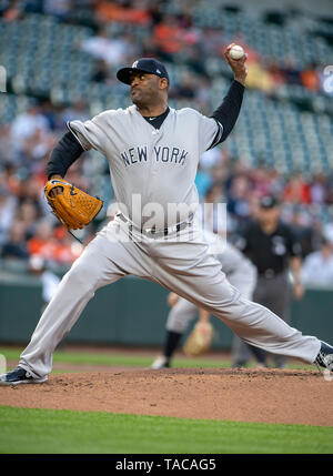 Baltimore, États-Unis d'Amérique. 22 mai, 2019. Le lanceur partant des Yankees de New York CC Sabathia (52) travaille dans la première manche contre les Orioles de Baltimore à l'Oriole Park at Camden Yards de Baltimore, MD, le mercredi 22 mai, 2019. Credit : Ron Sachs/CNP (restriction : NO New York ou le New Jersey Journaux ou journaux dans un rayon de 75 km de la ville de New York) | Conditions de crédit dans le monde entier : dpa/Alamy Live News Banque D'Images