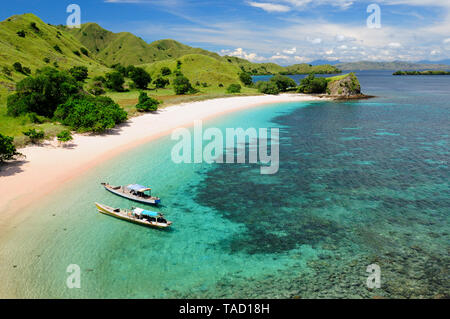 Belle plage rose, l'une des plus belles au monde avec tha sable rose et turquoise de l'eau dans le parc national à Komodo. L'Indonésie Banque D'Images