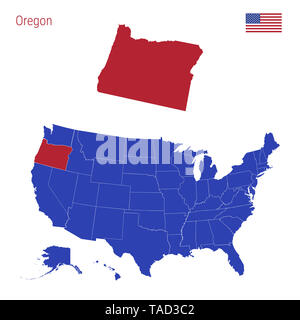 L'état de l'Oregon est surligné en rouge. Carte bleue de l'United States divisé en deux États distincts. Carte de la France divisée en différents états. Banque D'Images