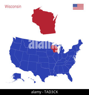 L'État du Wisconsin est surligné en rouge. Carte bleue de l'United States divisé en deux États distincts. Carte de la France divisée en différents états. Banque D'Images