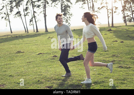 Happy young couple en marche main dans la main on meadow Banque D'Images