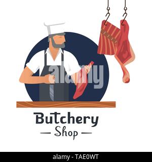 Vector illustration logo pour une boucherie avec un bouchers barbu au travail. Illustration de Vecteur