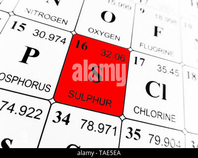 Teneur en soufre sur le tableau périodique des éléments Banque D'Images
