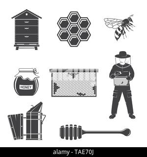 Ensemble de matériel apicole d'ossature d'icônes. Vector illustration. Set : apiculteur, apiculture, ruche d'abeilles, fumeur, d'abeilles, la propolis, le balancier. Des icônes pour l'équipement de l'entreprise agricole de l'abeille. Illustration de Vecteur