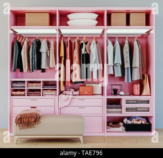 Rose moderne armoire avec des vêtements accroché sur rail en promenade dans le placard design intérieur, rendu 3D Banque D'Images