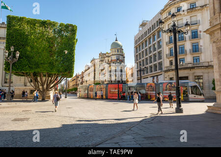 Le Tram passant par l'angle de la Plaza de San Francisco à l'Avenue de la Consitucion, Séville, Andalousie, Espagne Banque D'Images