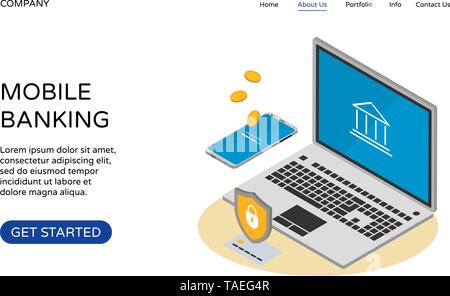 Services bancaires en ligne landing page Conception du site web modèle sur fond blanc. Ordinateur portable et smartphone isométrique, carte bancaire, bouclier et des pièces. De l'argent Illustration de Vecteur