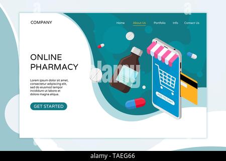 Pharmacie en ligne landing page modèle. Acheter des médicaments et des médicaments en ligne. Medical e-commerse la conception d'un site web. Vector illustration pour la télévision mobile, l'interface utilisateur Illustration de Vecteur