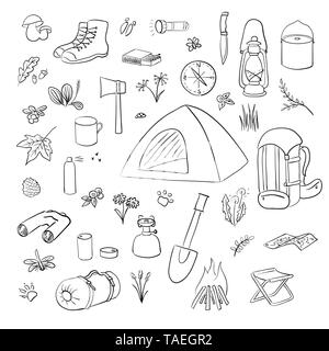 Camping Randonnées icônes jeu de croquis. Vecteur d'équipement de camping collection. Stylo Inc, jumelles, bol, barbecue, lanterne, chaussures, sac à dos, tente, feu de camp Ba Illustration de Vecteur
