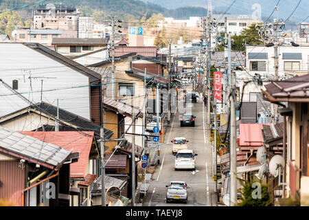 Takayama, Japon - 9 Avril 2019 : la préfecture de Gifu au Japon avec skyline ou rues de la région de mountain village ville et street road high angle view Banque D'Images