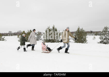 Avoir du plaisir avec la famille en traîneau paysage couvert de neige Banque D'Images