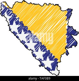 Bosnie-herzégovine main carte croquis. Concept illustration vectorielle, drapeau, dessin pour enfants scribble map. Carte du pays pour l'infographie Illustration de Vecteur