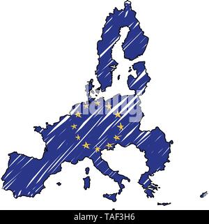 Carte de l'Union européenne esquisse dessinée à la main. Concept illustration vectorielle, drapeau, dessin pour enfants scribble map. Carte du pays pour l'infographie, brochures et Illustration de Vecteur