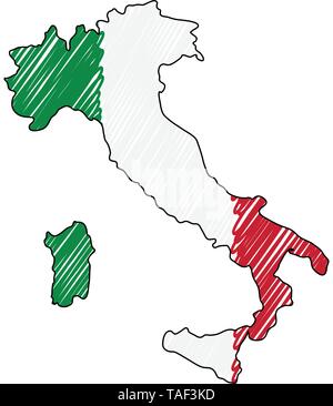 Italie site esquisse dessinée à la main. Concept illustration vectorielle, drapeau, dessin pour enfants scribble map. Carte du pays pour l'infographie, brochures et Illustration de Vecteur