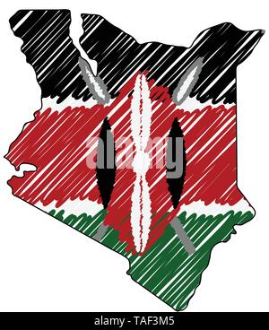Carte Kenya croquis à la main. Concept illustration vectorielle, drapeau, dessin pour enfants scribble map. Carte du pays pour l'infographie, brochures et Illustration de Vecteur