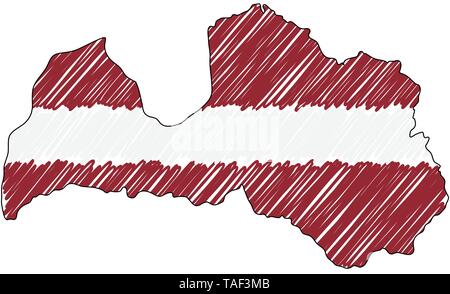 La Lettonie site esquisse dessinée à la main. Concept illustration vectorielle, drapeau, dessin pour enfants scribble map. Carte du pays pour l'infographie, brochures et Illustration de Vecteur