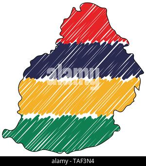 Carte de Maurice esquisse dessinée à la main. Concept illustration vectorielle, drapeau, dessin pour enfants scribble map. Carte du pays pour l'infographie, brochures et Illustration de Vecteur