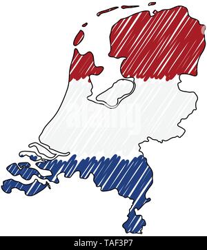 Pays-bas la carte croquis à la main. Concept illustration vectorielle, drapeau, dessin pour enfants scribble map. Carte du pays pour l'infographie, brochures et Illustration de Vecteur
