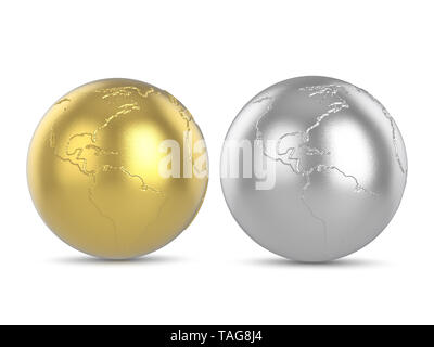 Globe d'or et d'argent sur un fond blanc. 3d illustration. Banque D'Images