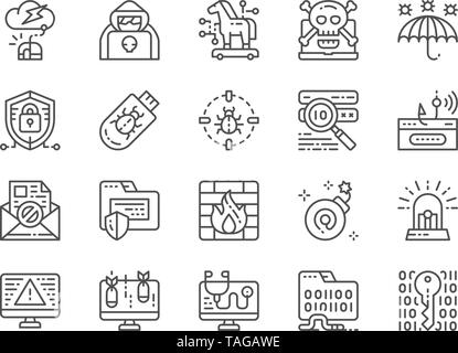 Ensemble d'icônes de ligne de sécurité cybernétique. Agent espion, cheval de Troie, la cryptographie et plus Illustration de Vecteur