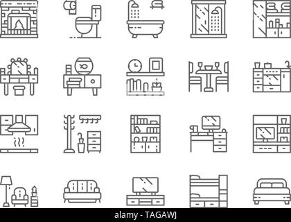 Set de meubles Ligne d'icônes. Cheminée, Toilettes, Baignoire, armoire et plus encore. Illustration de Vecteur