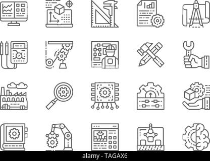 Ensemble de l'ingénierie et la fabrication des icônes de ligne. Présentation, outils et plus. Illustration de Vecteur