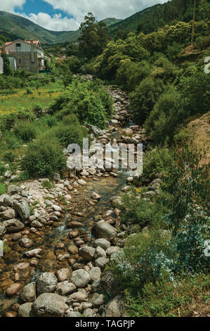 L'eau claire dans un flux d'exécution vers le bas à travers les roches et les plantes à Alvoco da Serra. Un mignon petit village accroché sur une vallée encaissée dans l'est du Portugal. Banque D'Images