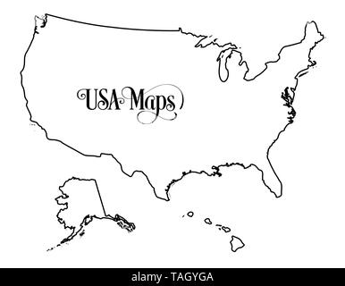 Carte des États-Unis d'Amérique (USA) Contours Illustration sur fond blanc. Banque D'Images