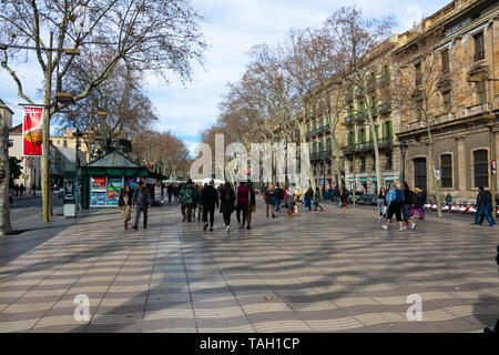 Barcelone, Espagne. Le 10 février 2019. La Rambla, une rue dans le centre de Barcelone Banque D'Images