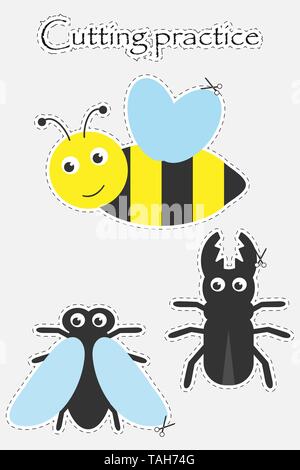 Cute cartoon style dans les insectes, la coupe de la pratique, de l'éducation pour le développement de jeu les enfants d'âge préscolaire, des ciseaux, découper les images, vector Illustration de Vecteur
