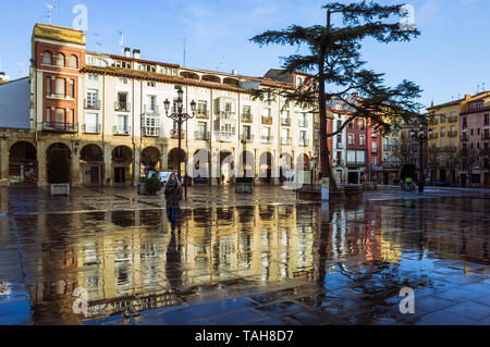 Logroño, La Rioja, Espagne - Février 15th, 2019 : une femme se promène le long de la Plaza del Mercado (Place du marché) au coeur du quartier historique de Logroño Banque D'Images