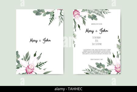 Modèle de carte d'invitation de mariage botanique design, fleurs blanches et roses sur fond blanc Illustration de Vecteur