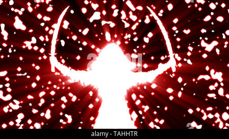 Guerrier brillant blanc fille silhouette avec deux épées soulevées. La chute des particules rougeoyant. Illustration Fantasy. Fond rouge et noir couleur. Banque D'Images