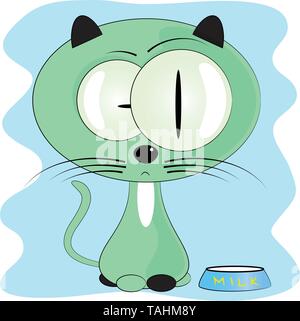 Chat et un bol de lait cartoon vector illustration. cute kitty cartoon vector illustration. Illustration de Vecteur
