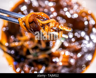 Jajangmyeon jjajangmyeon, sauce, frites, nouilles délicieuses nouilles traditionnelle coréenne traditionnelle avec la Corée la pâte de haricots noirs en sauce, Close up, copy space Banque D'Images